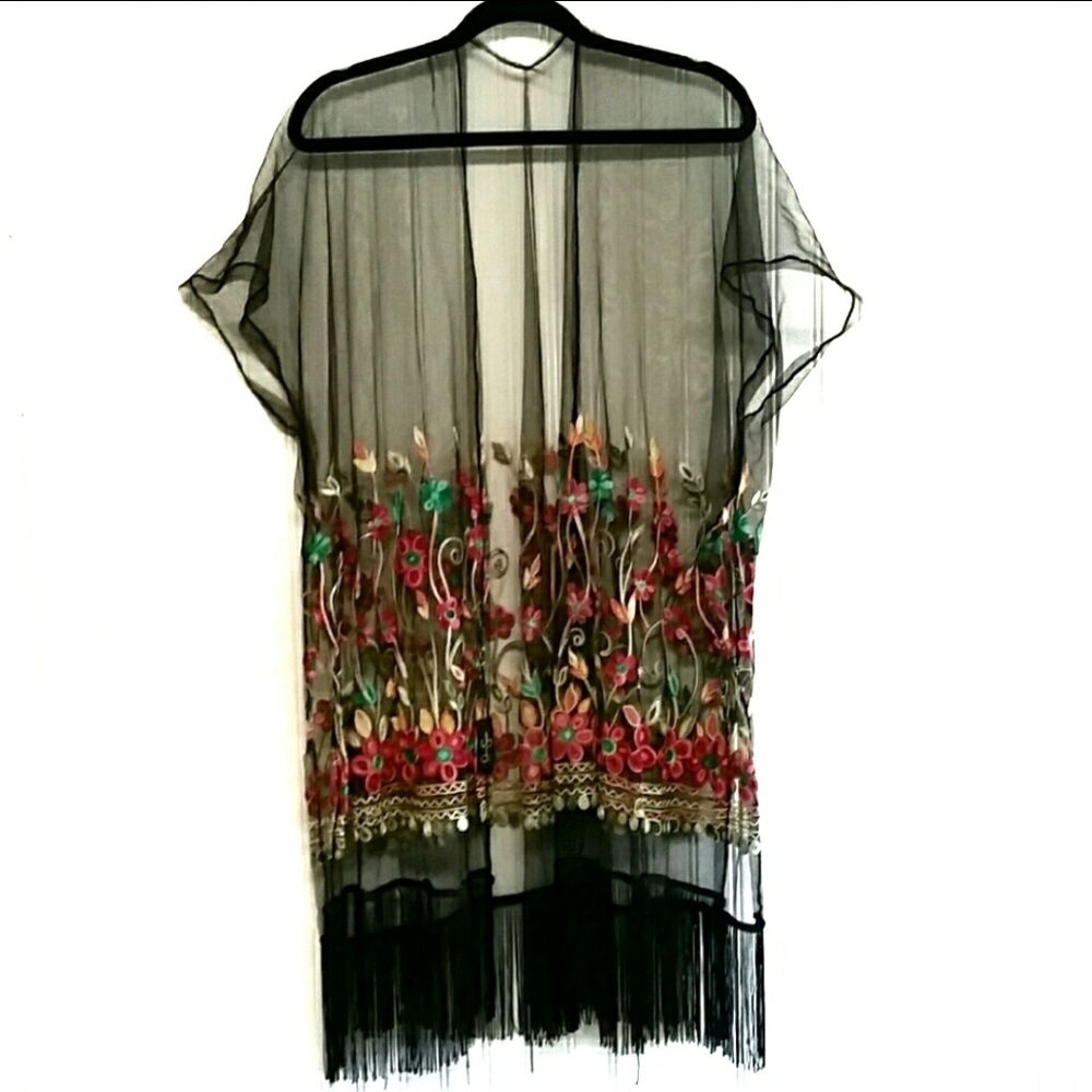 SOLD Black Net Boho Kimono Fringe Multi Color Floral Sz XL/XXL - Picture 1 of 6